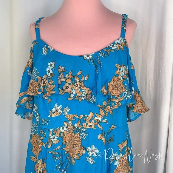 Torrid Plus Mini Gauze Cold Shoulder Skater Dress Blue Floral - Picture 4 of 11